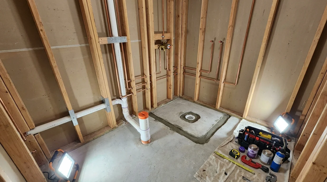 Bathroom rough-in plumbing during remodel by Johns Plumbing LLC in South Paris