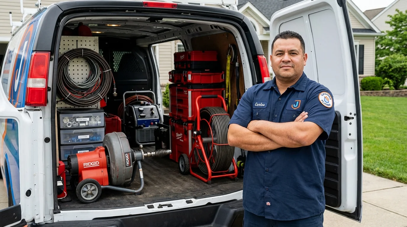 Professional drain cleaning equipment and Johns Plumbing LLC plumber in South Paris