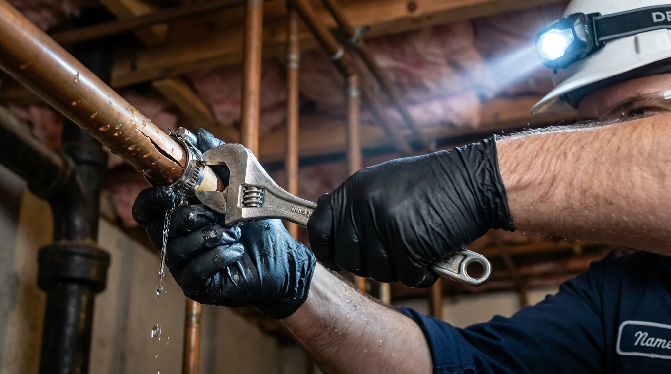 Emergency pipe clamp repair being performed by a Johns Plumbing LLC plumber in South Paris