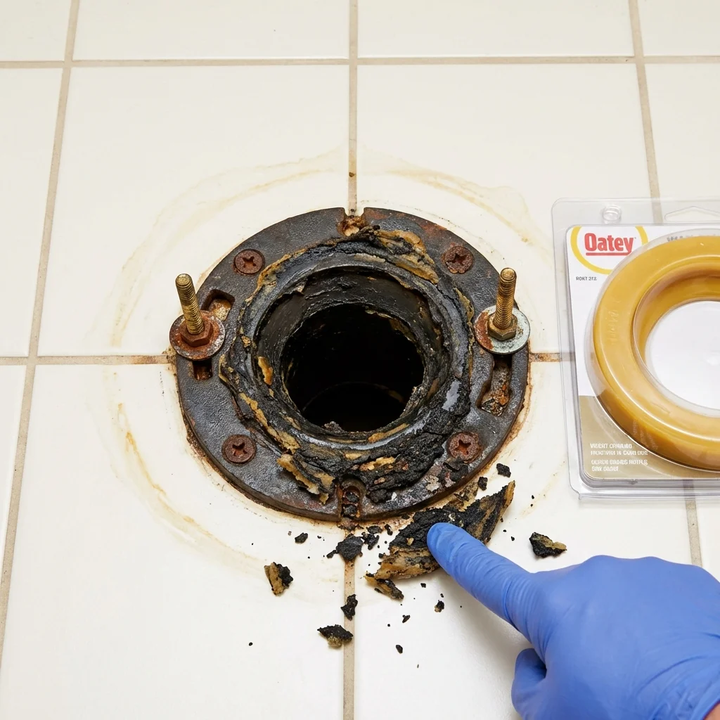 Failed wax ring showing water seepage at the base of a toilet in a South Paris, ME home