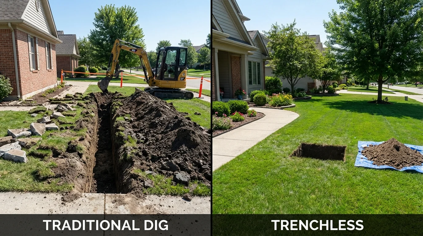Trenchless sewer repair with minimal yard damage versus traditional excavation in South Paris, ME
