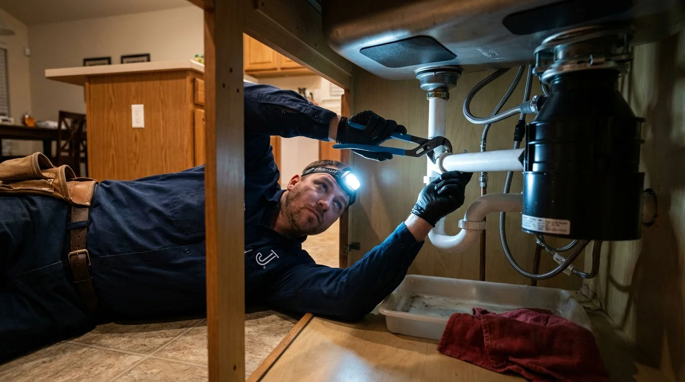 P-trap and supply line connections under a kitchen sink showing a common leak point in South Paris, ME